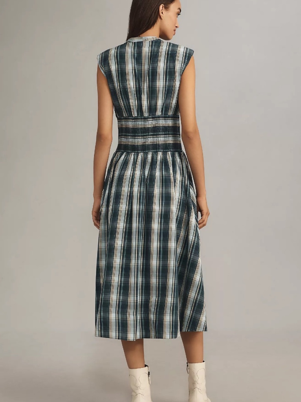 Plaid Midi Dress with Capped Sleeves - Picture 3 of 8
